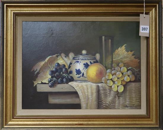 Raymond Campbell, oil on board, Still life of blue and white teapot and fruit upon a table, signed, 30 x 40cm